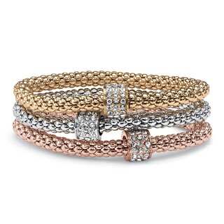 PalmBeach Crystal Beaded Tri-Tone Stretch Rope Bracelet Set in Gold Tone, Rose Gold-Plate and Silvertone 8" Bold Fashion