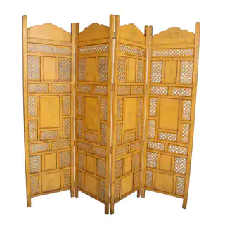 Wanderloot Leela Yellow 4-panel Handmade Wooden Screen (India)