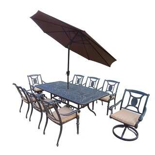 Sunbrella Aluminum 11-piece Dining Set with Table 6 Stackable Chairs 2 Swivel Rockers Cushions Umbrella and Stand