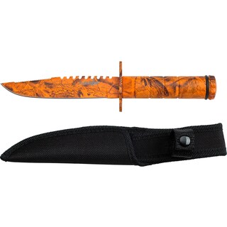 Survivor Orange Camo Double Reverse Serrated Fixed Blade Knife with Survival Kit