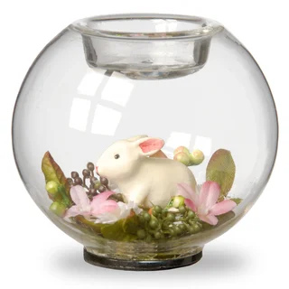 4-inch Round Glass Candle Holders with Bunny and Pink Flowers (Set of 4)