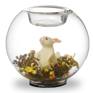 4-inch Round Glass Candle Holders with Bunny and Yellow Flowers (Set of 4)