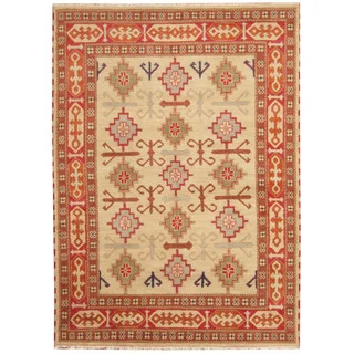 Herat Oriental Indo Hand-knotted Tribal Kazak Beige/ Red Wool Rug (5'9 x 8')