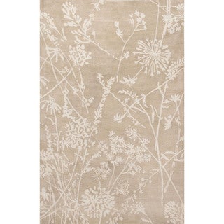 Contemporary Floral & Leaves Pattern Ivory/Beige Wool Area Rug (5x8)
