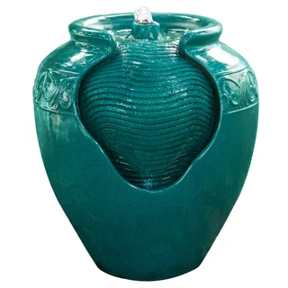Peaktop Outdoor Teal Glazed Pot Floor Fountain with LED Light