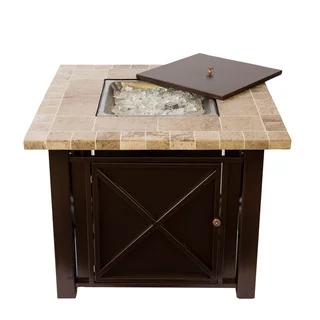 Somette Bronze Powder Coated Fire Pit Table with Travertine Countertop