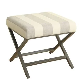 HomePop Upholstered Grey and Cream Striped Ottoman with Bronze Metal Finish