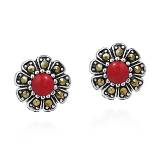 Handmade Structured Daisy Stone and Marcasite .925 Silver Earrings (Thailand)