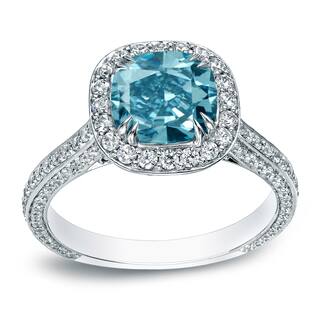 Auriya 18k White Gold 3ct TDW Cushion-Cut Blue Diamond Halo Engagement Ring (Blue, SI1-SI2)