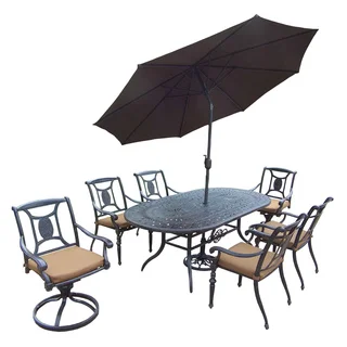 Cast Aluminum Dining Set with Oval Table, 4 Stackable Chairs, 2 Swivel Rockers, Umbrella and Stand