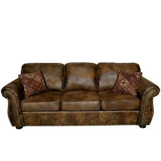 Porter Elk River Brown Microfiber Faux Suede Leather Sofa with 2 Woven Accent Pillows