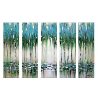 Hand-painted Overlook Abstract Blue/ Green 5-panel Painting 1144