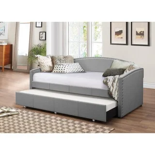 Baxton Studio Lefteris Modern Contemporary Fabric Nailheads Trimmed Arched Back Sofa Twin Daybed with Roll-out Trundle Guest Bed