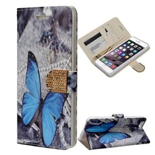 Insten Blue/ White Butterfly Leather Case Cover with Stand/ Wallet Flap Pouch/ Diamond For Apple iPhone 6 Plus/ 6s Plus