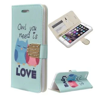 Insten Blue Owl Lovers Leather Case Cover with Stand/ Wallet Flap Pouch/ Diamond/ Photo Display For Apple iPhone 6 Plus/ 6s Plus