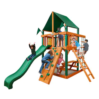Gorilla Playsets Chateau Tower Swing Set with Timber Shield and Sunbrella Canvas Forest Green Canopy