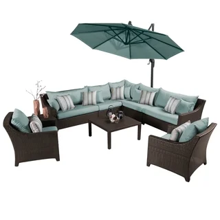 Deco Bliss Blue Outdoor Sectional and Club Set with Umbrella (9 piece set)