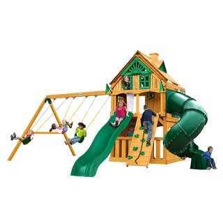 Gorilla Playsets Mountaineer Clubhouse Treehouse Swing Set with Fort Add-On and Amber Posts