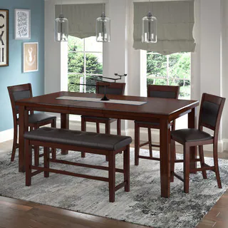 Warm Brown Wood and Chocolate Bonded Leather Extendable Counter Height 6-piece Dining Set