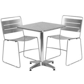 23.5-inch Square Aluminum Indoor/ Outdoor Table with 2 Silver Metal Stack Chairs