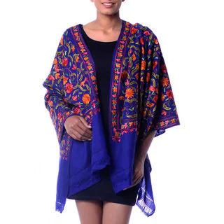 Handcrafted Wool 'Colorful Crocus' Blue Shawl (India)