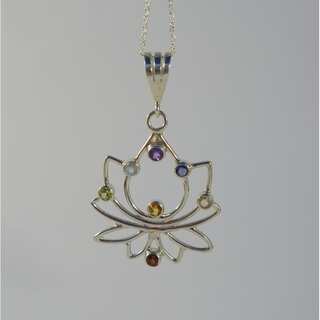 Sterling Silver Multi-gemstone Lotus Chakra Pendant Necklace (Indonesia)