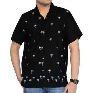 Men's Black Smooth Rayon White Palm Tree Button-down Shirt
