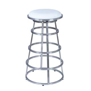 Armen Living Ringo Bar or Counter Height Barstool in Brushed Stainless Steel finish with White PU upholstery
