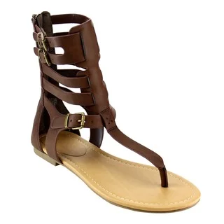 Beston IA56 Women's T-strap Caged Gladiator Buckled Flat Thong Sandals
