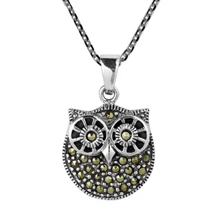 Handmade Big Eyes Owl of Wisdom Marcasite Sterling Silver Necklace (Thailand)