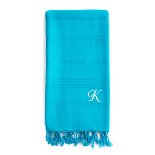 Authentic Sol Monogrammed Pestemal Fouta Turquoise Blue Tonal Stripe Turkish Cotton Bath/ Beach Towel