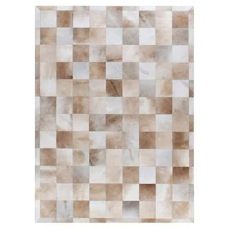 Stitched Blocks Beige Leather Hair-on Hide Rug (8' x 11')