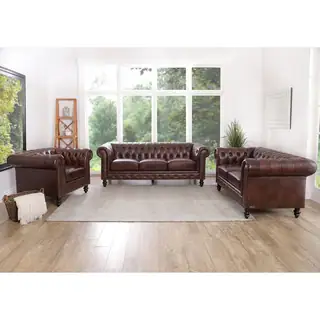 Abbyson Grand Chesterfield Brown Leather 3-piece Seating Set