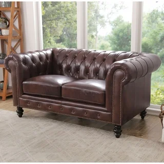 Abbyson Living Brown Top-grain Leather Grand Chesterfield Loveseat