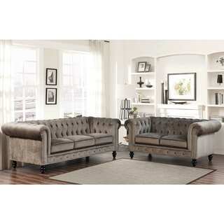 Abbyson Grand Chesterfield Grey Velvet Sofa and Loveseat