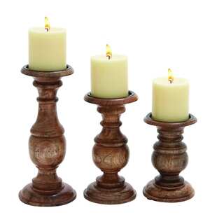 Short And Sweet Wooden Candle Holder Set Of Three In Natural Wood Finish
