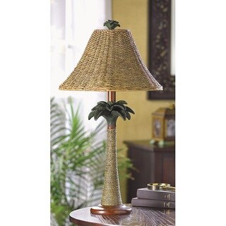Modern Brown Polyresin and Rattan Base with Woven Shade Palm Table Lamp