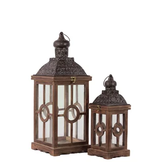 Intricate Lamp Post Design Wooden Lantern (Set Of 2) In Rustic Antique Finish