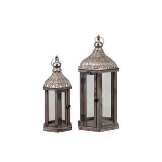Wooden Lantern (Set Of 2) With Beautifully Elaborated Metallic Roof