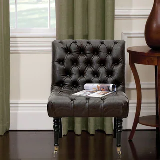 Chic Home Hendrix Leather and Solid Oak Armless Button-tufted Accent Chair with Front-castered Legs