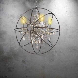 Foucault's Orb Chandelier 4 Light, Chrome Finish and Golden Teak Crystal with Flemish Brass Cage