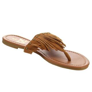 Women's Betani FB61 Tan Faux Suede Fringe Studded T-strap Thong Flat Sandals