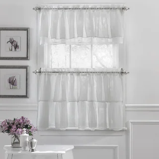 Elegant Crushed Voile Ruffle Blue/White/Pink/Purple/Beige Window Curtain Pieces With Optional Valance and Tiers
