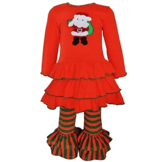 AnnLoren Girls' Boutique Red and Green Cotton Santa Christmas Holiday Outfit