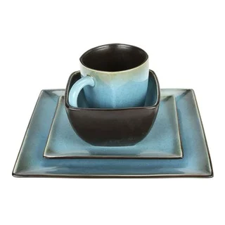 Haus Earthtone Blue Stoneware 16-piece Square Dinnerware Set