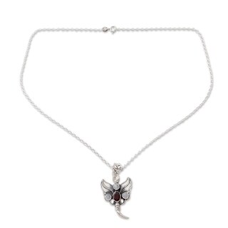 Handmade Sterling Silver 'Butterfly Triumph' Moonstone Garnet Necklace (India)