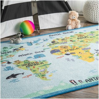 nuLOOM Playtime World Continent Map Animal Educational Multi Kids Area Rug (5' x 7'5)