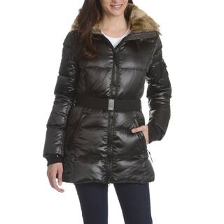 S13/NYC Women's Quilted Faux Fur Trim Hood Belted Down Coat