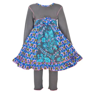 AnnLoren Girl's Glue, Grey and Pink Cotton Floral and Geometric Panel Dress and Legging Set
