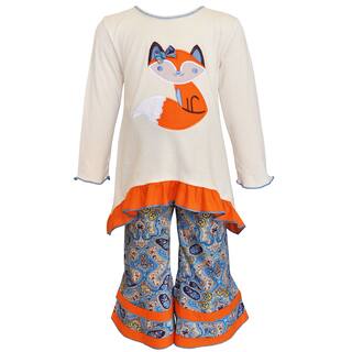 AnnLoren Girls' Cream and Orange Cotton Fox Tunic and Pant Set